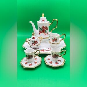 Collectible Miniature Porcelain Tea Set Poinsettia Trimmed in Gold Hand-Painted